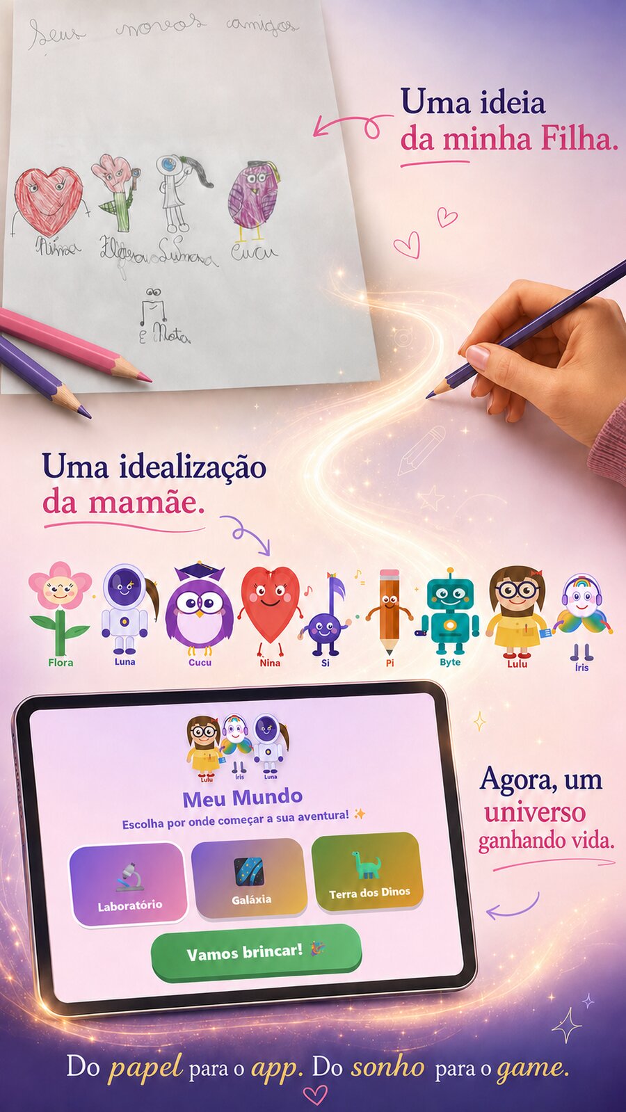 Do desenho a lápis da filha aos personagens ilustrados e ao jogo no tablet — a evolução do universo Mentes Brilhantes